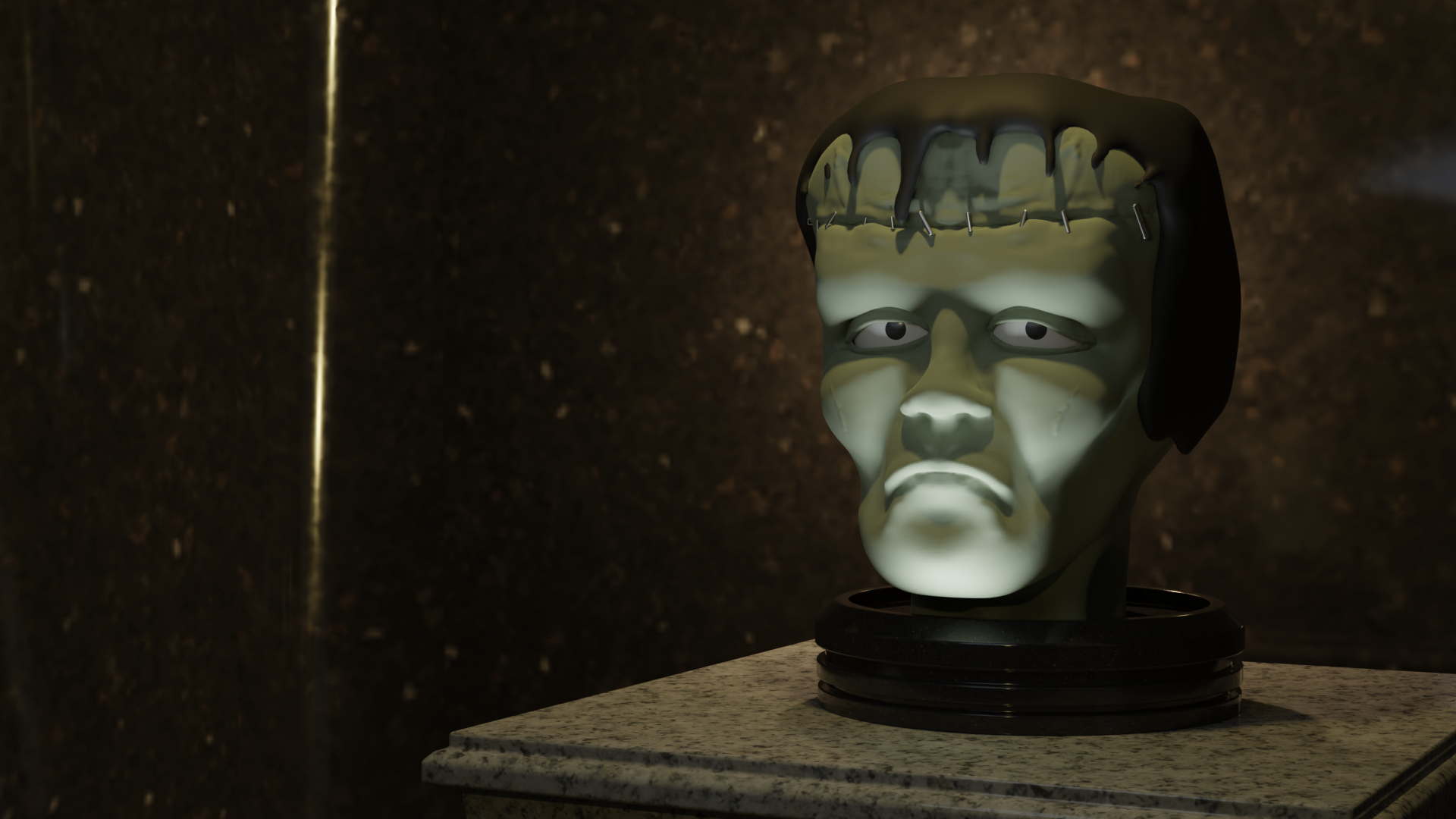 A blender render of frankenstein's head in a crypt-like setting
