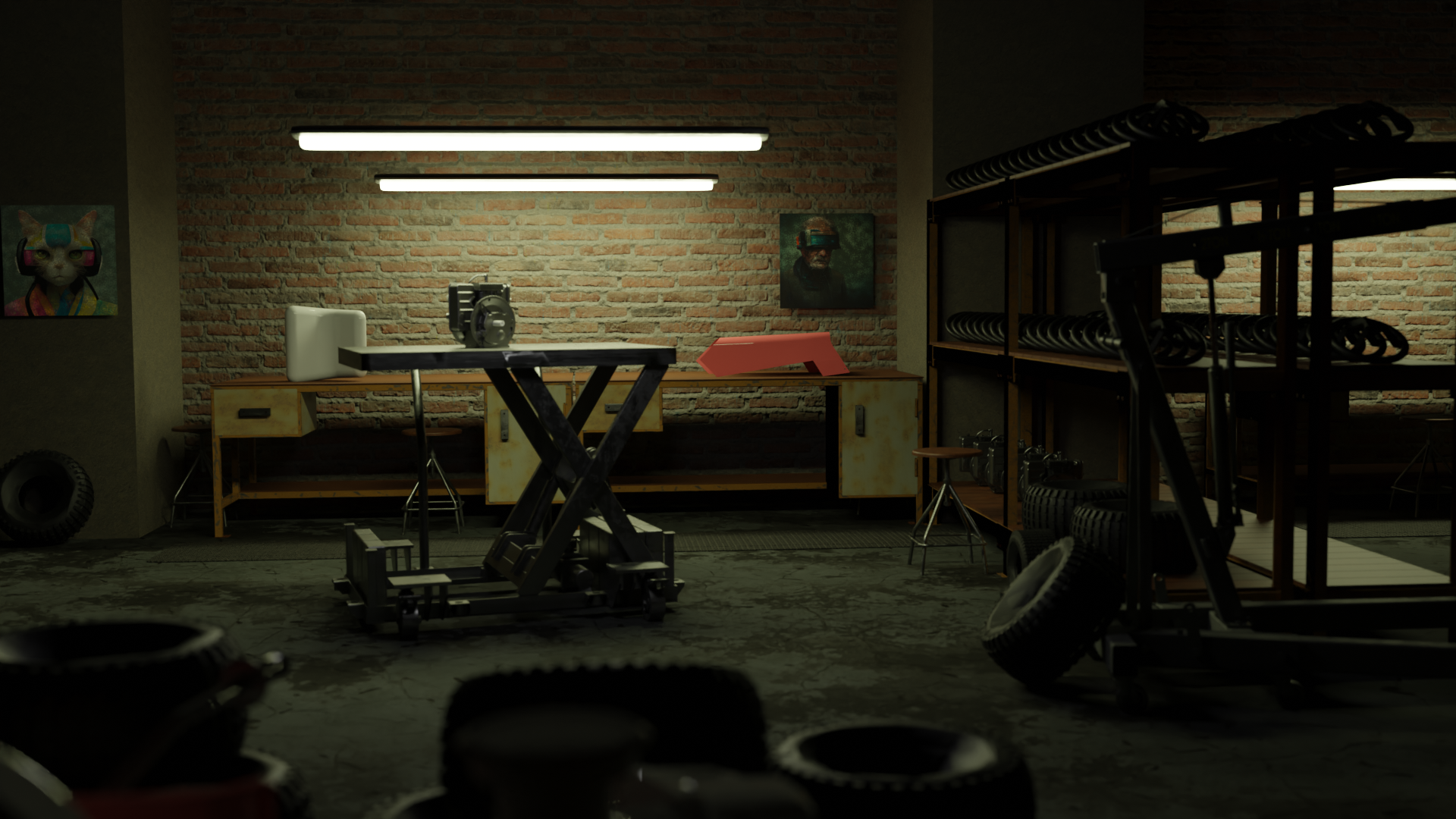 A render in blender of a workshop area with some working tables and lawn mower parts scattered about